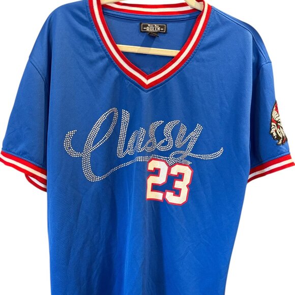 Bare Box Queen Classy 23 Jersey Tee Blue Red 2CURVY Rhinestone Bling Top XL - Picture 1 of 14